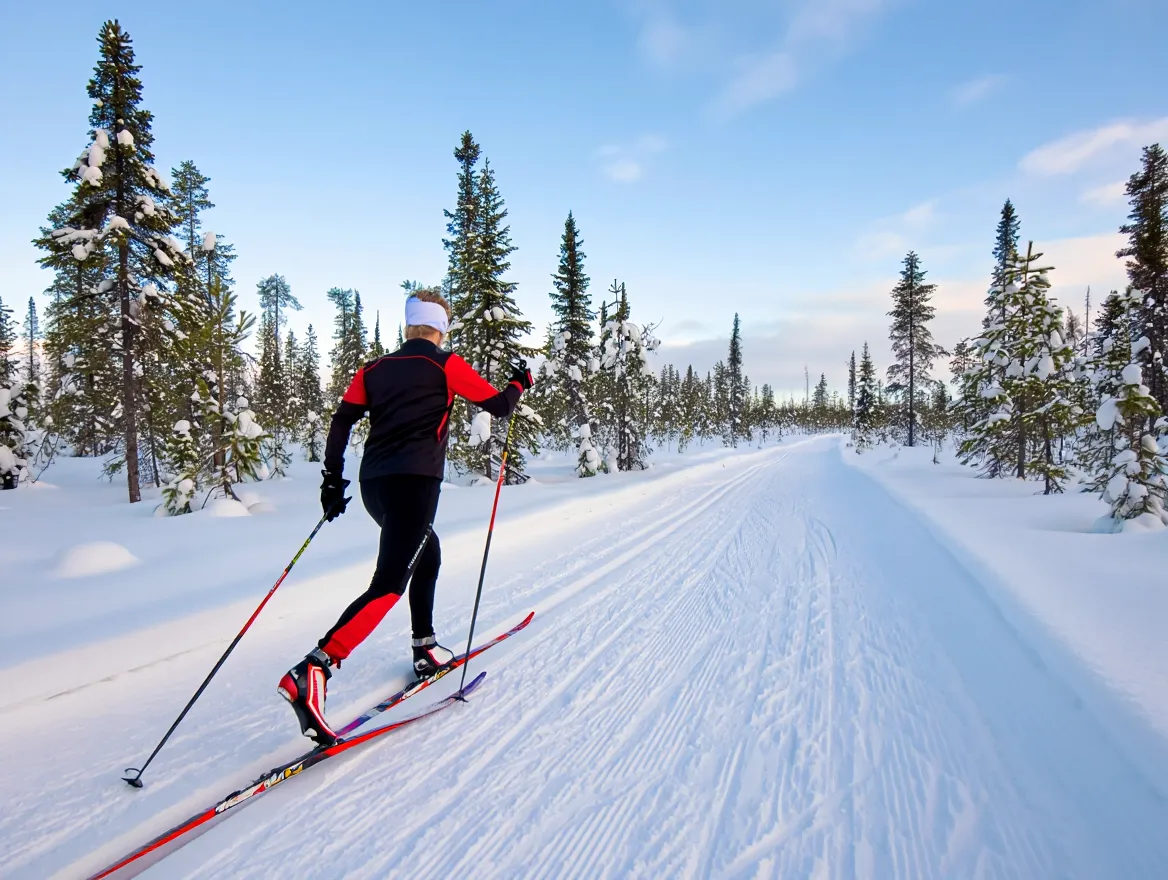 Henkilö hiihtämässä talvimaisemassa